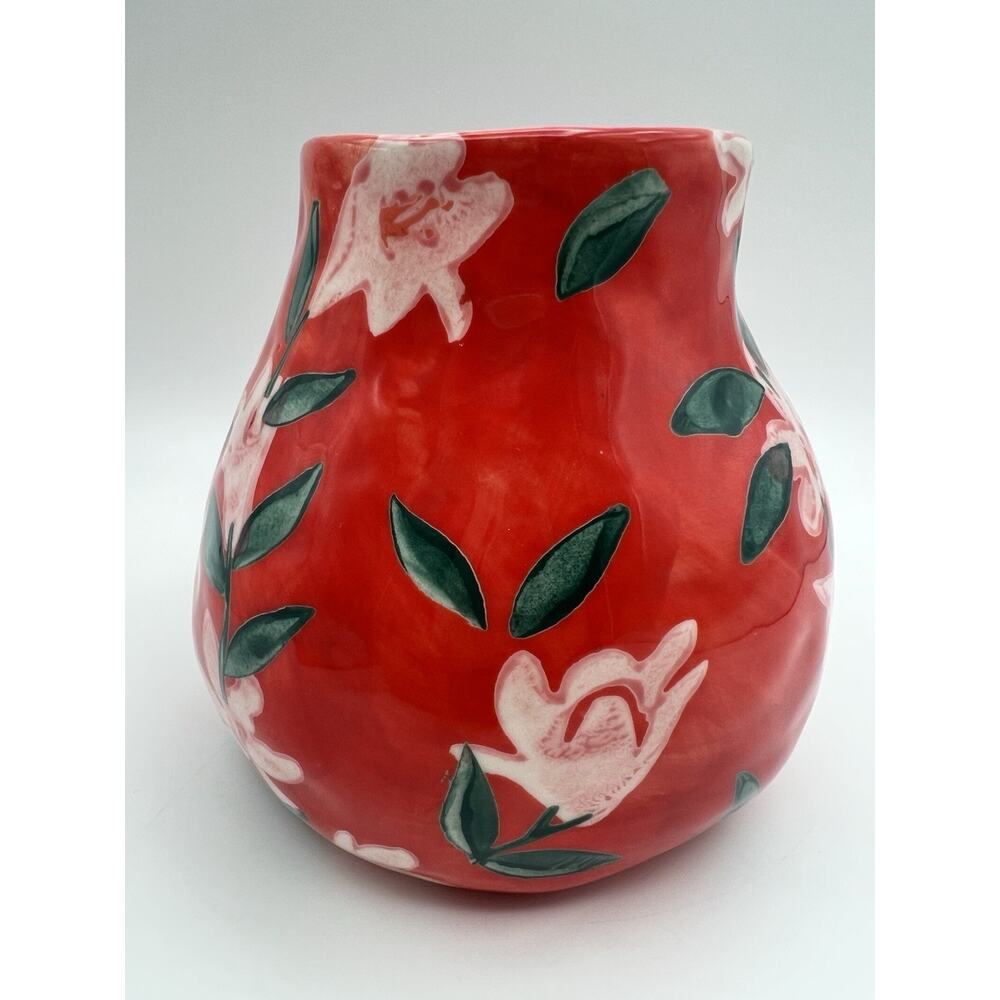 Anthropologie Red Floral Ceramic Vase with Green Leaves - Picture 4 of 8